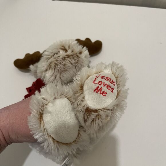 Fiesta Moose Plush Jesus Loves You Tan Brown White Fuzzy Red Scarf 14" - Picture 7 of 8